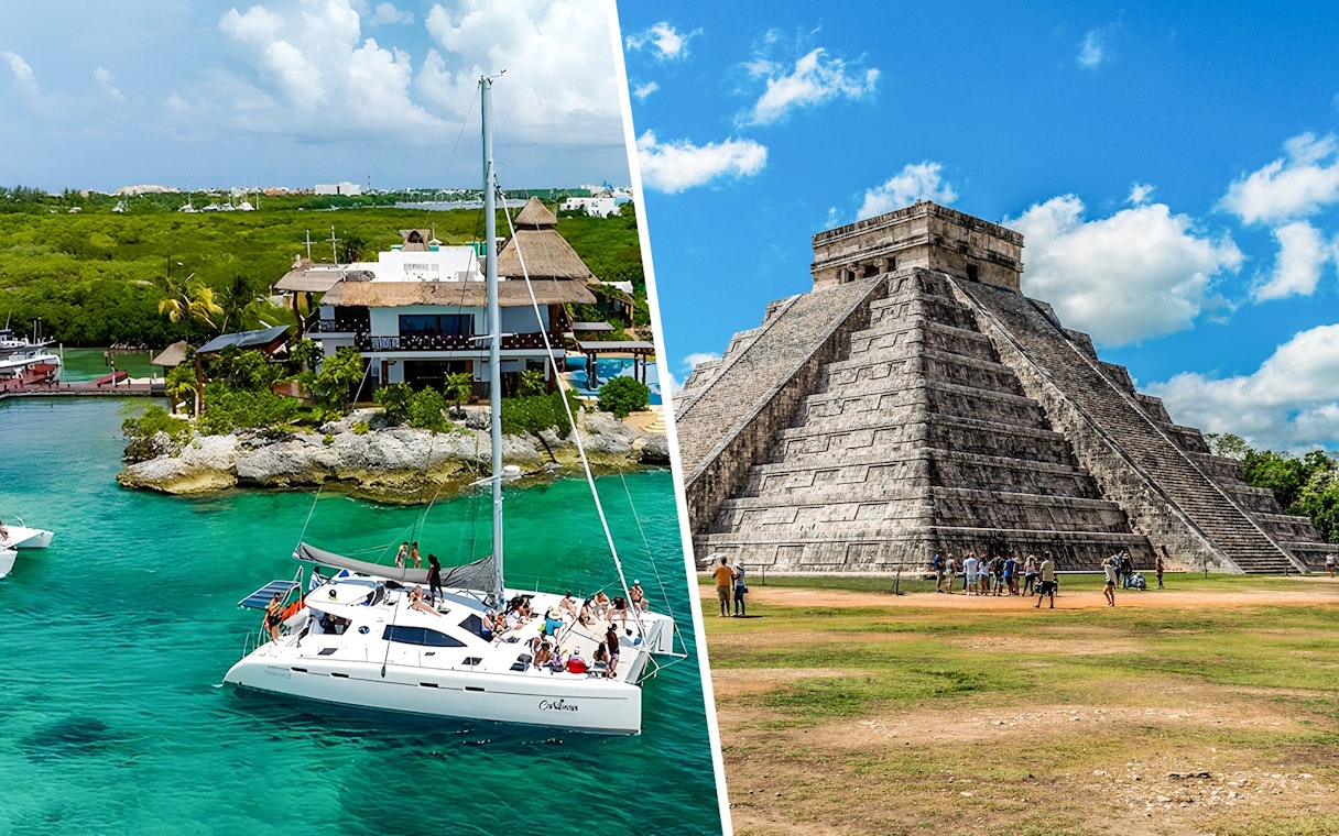 Catamaran sailing near Isla Mujeres resort with Chichen Itza pyramid in the background.