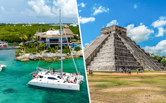 Catamaran sailing near Isla Mujeres resort with Chichen Itza pyramid in the background.