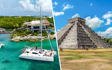 Catamaran sailing near Isla Mujeres resort with Chichen Itza pyramid in the background.