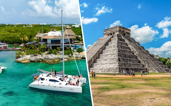Catamaran sailing near Isla Mujeres resort with Chichen Itza pyramid in the background.