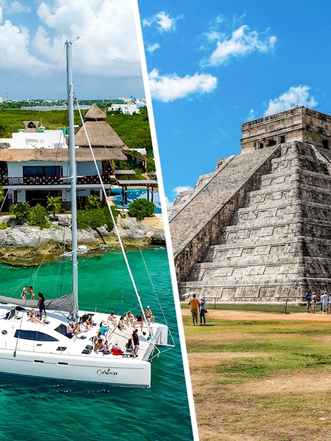 Catamaran sailing near Isla Mujeres resort with Chichen Itza pyramid in the background.