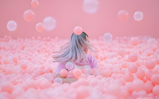 Person surrounded by pink bubbles at Bubble Planet immersive experience.