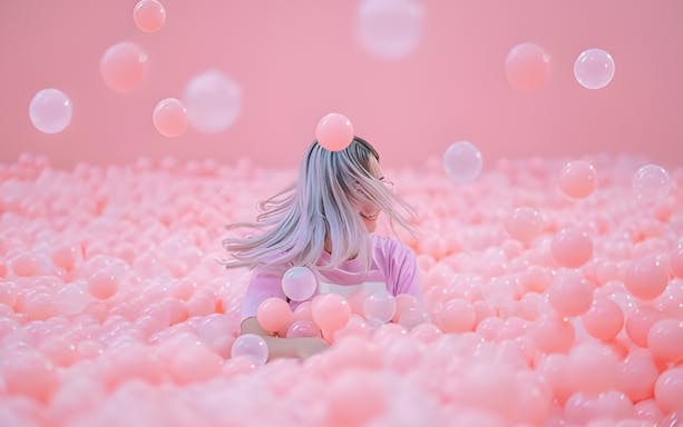 Person surrounded by pink bubbles at Bubble Planet immersive experience.