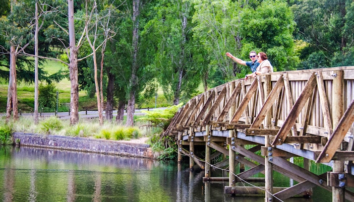 Couple on Lakeside discovery walk bridge, part of Puffing Billy tour, Melbourne.