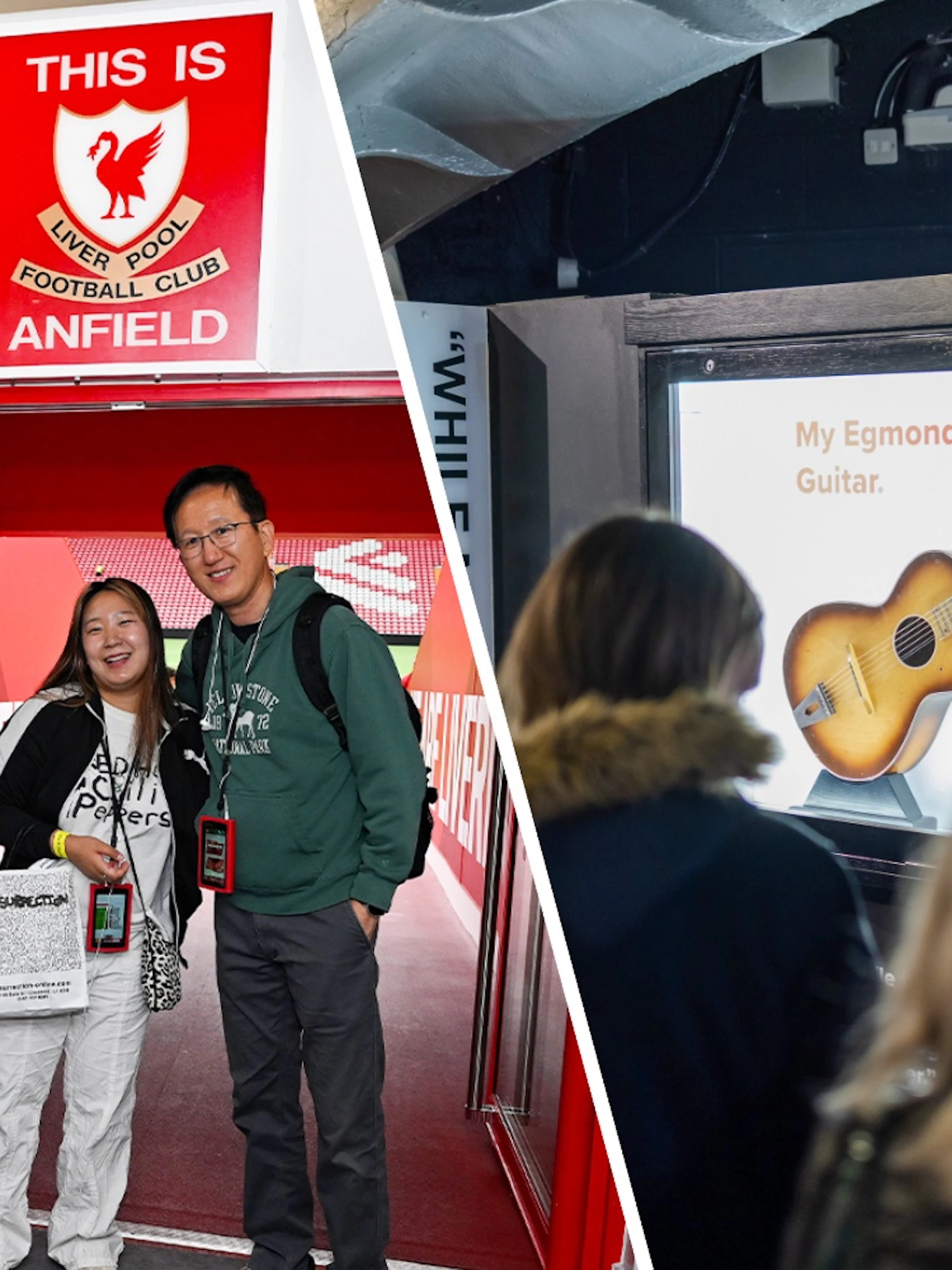 Visitors viewing George Harrison's Egmond guitar display at The Beatles Story exhibition.