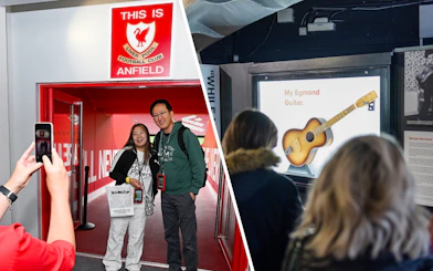 Visitors viewing George Harrison's Egmond guitar display at The Beatles Story exhibition.
