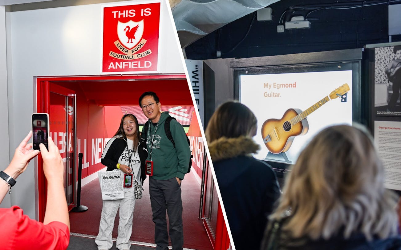 Visitors viewing George Harrison's Egmond guitar display at The Beatles Story exhibition.