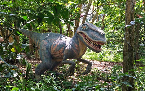 Dinosaur statue in forest setting at PD Ostrich Show Farm.