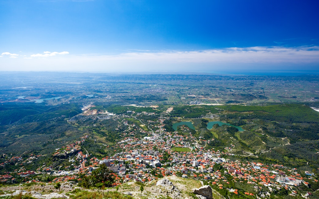 View from Sari Saltik, Kruje, Albania overlooking the town and surrounding landscape.