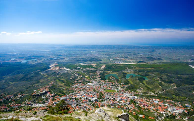 View from Sari Saltik, Kruje, Albania overlooking the town and surrounding landscape.
