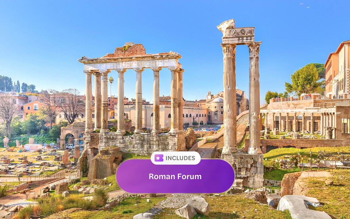 Roman Forum ruins with ancient columns in Rome, Italy.