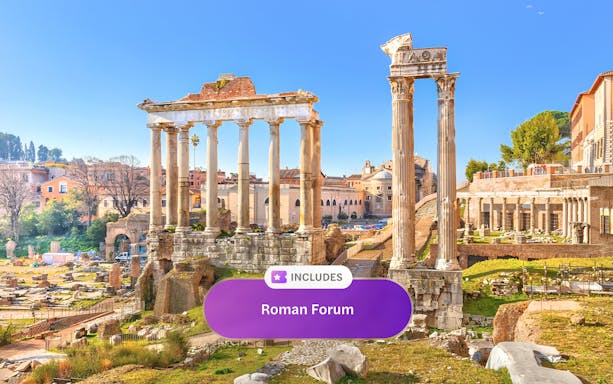 Roman Forum ruins with ancient columns in Rome, Italy.