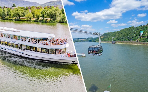 Koblenz Cable Car over Rhine River with Ehrenbreitstein Fortress and sightseeing cruise boat.