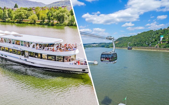 Koblenz Cable Car over Rhine River with Ehrenbreitstein Fortress and sightseeing cruise boat.