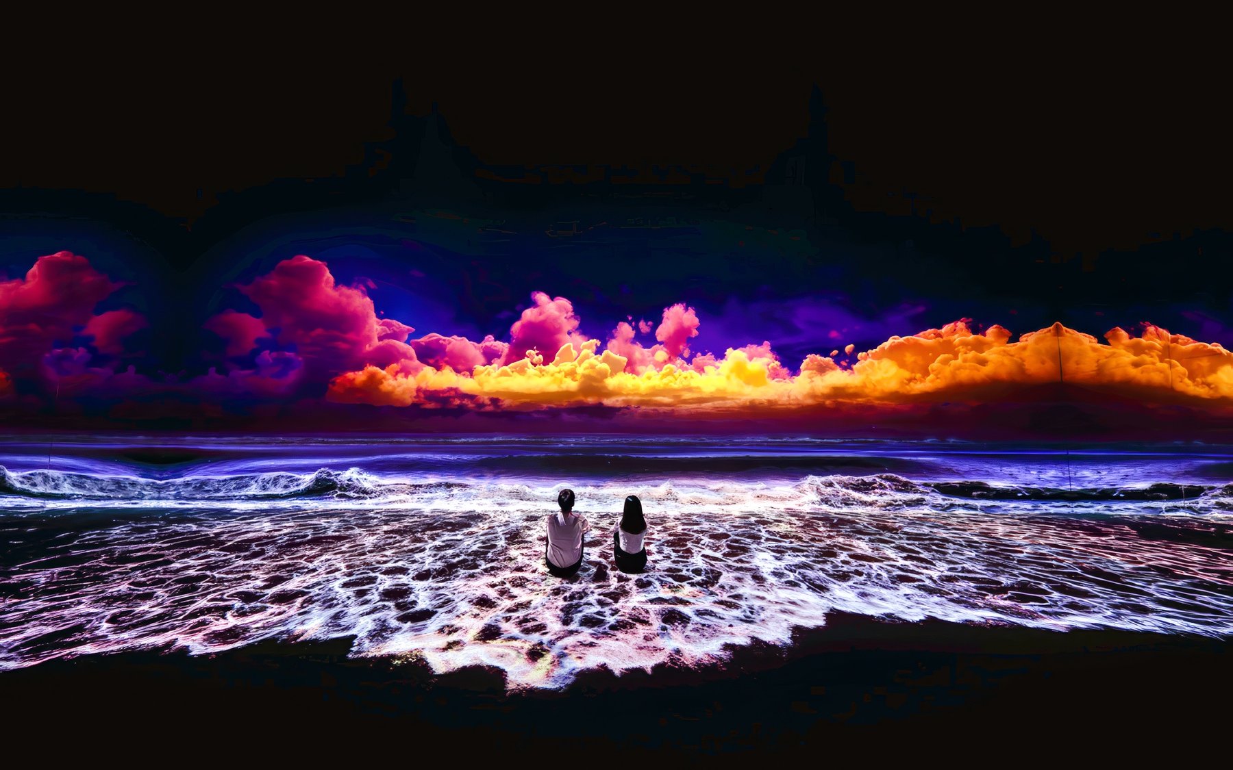 Visitors enjoying vibrant digital ocean display at Arte Museum Jeju.