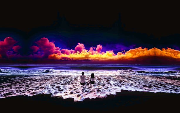 Visitors enjoying vibrant digital ocean display at Arte Museum Jeju.