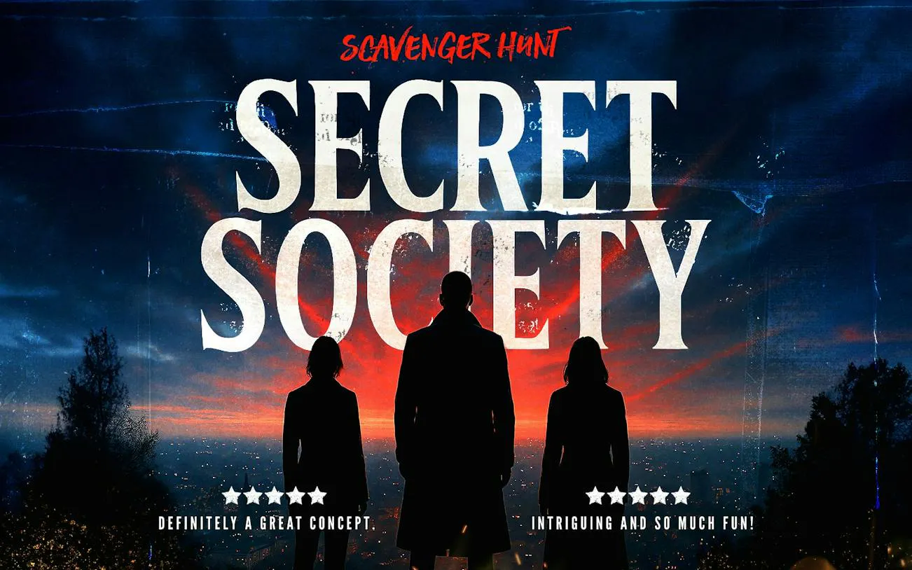 Silhouettes of three people against a sunset, promoting Manchester Secret Society Mystery game.