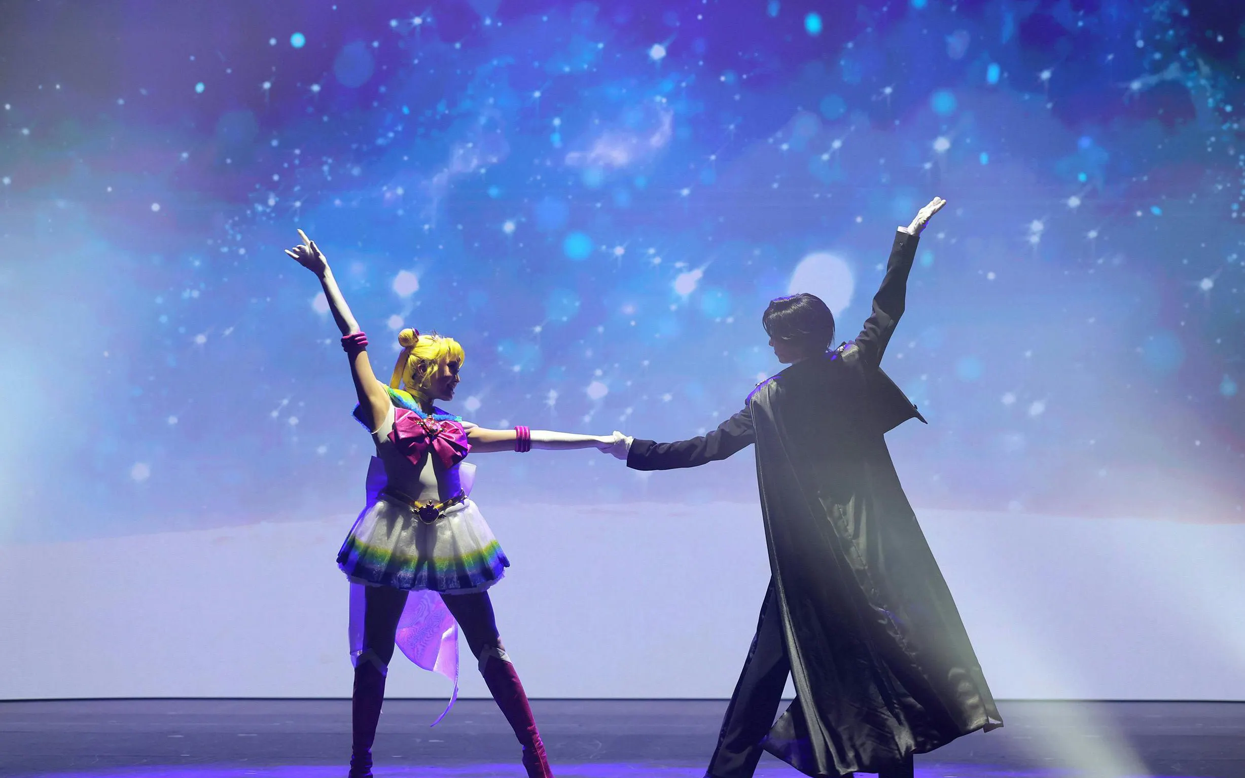 Performers in Sailor Moon costumes on stage at Shining Theater Shinagawa Tokyo.