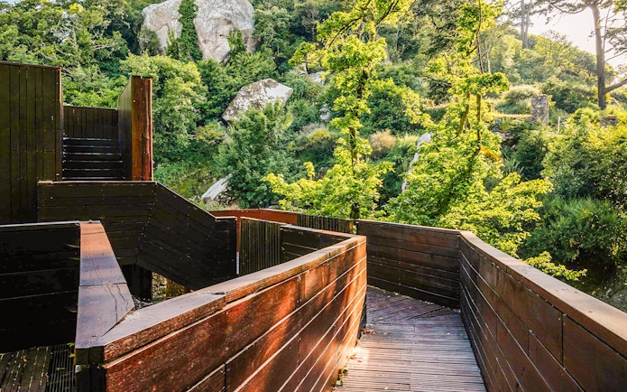 Walkway through lush greenery at Moorish Castle former stables, Sintra, Portugal.