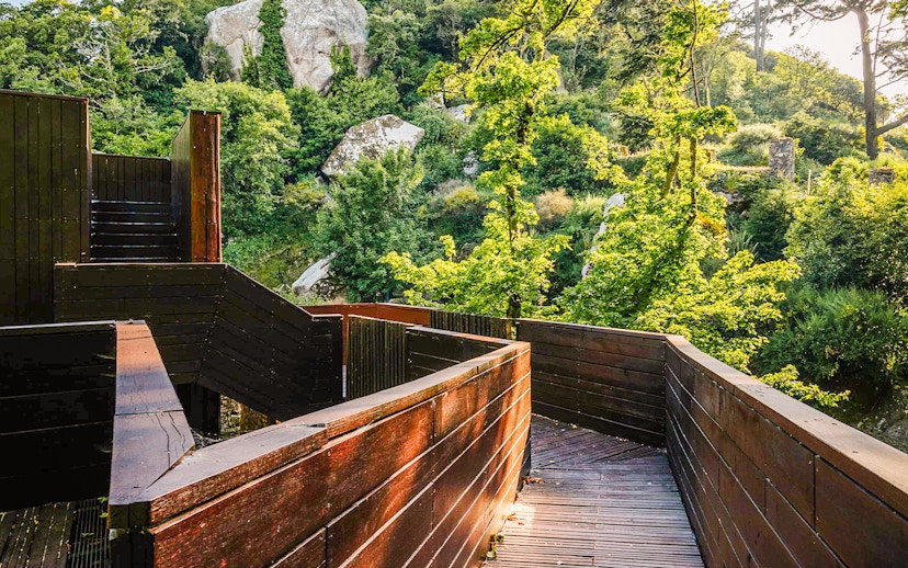 Walkway through lush greenery at Moorish Castle former stables, Sintra, Portugal.