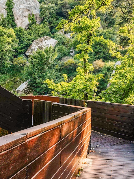Walkway through lush greenery at Moorish Castle former stables, Sintra, Portugal.