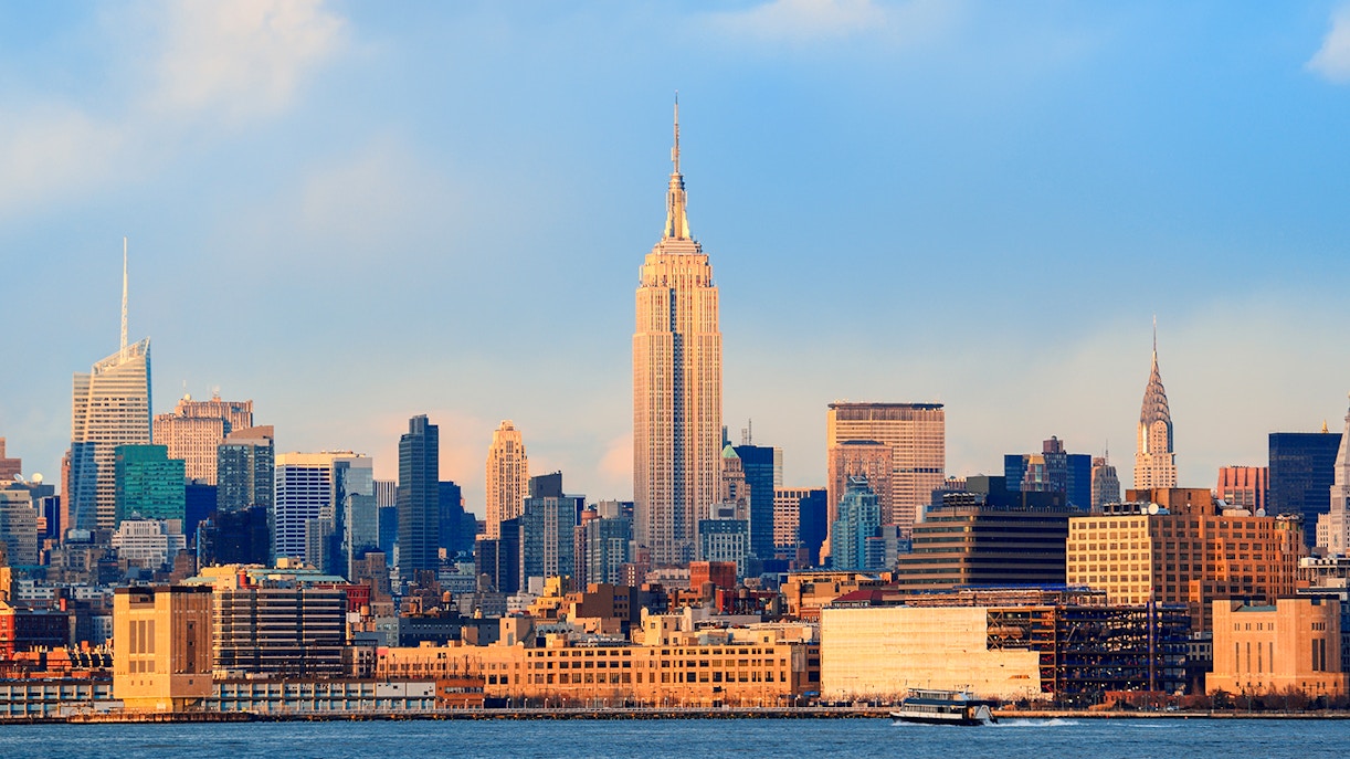 Empire State Building observation deck view, New York City skyline.
