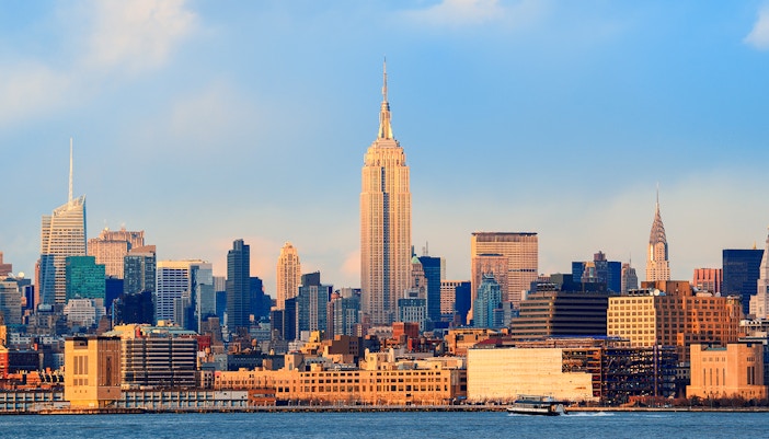 Empire State Building observation deck view, New York City skyline.