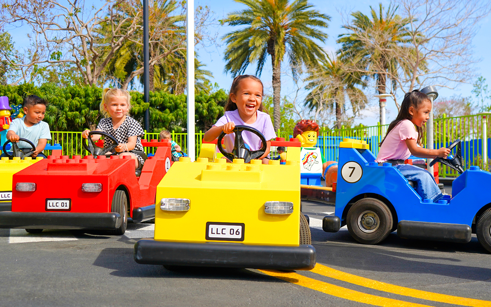 Children driving LEGO cars at Driving School, LEGOLAND® California.