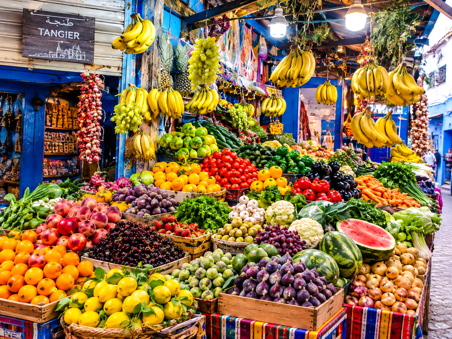 Tangier market stall with colorful fruits and vegetables, showcasing local produce.