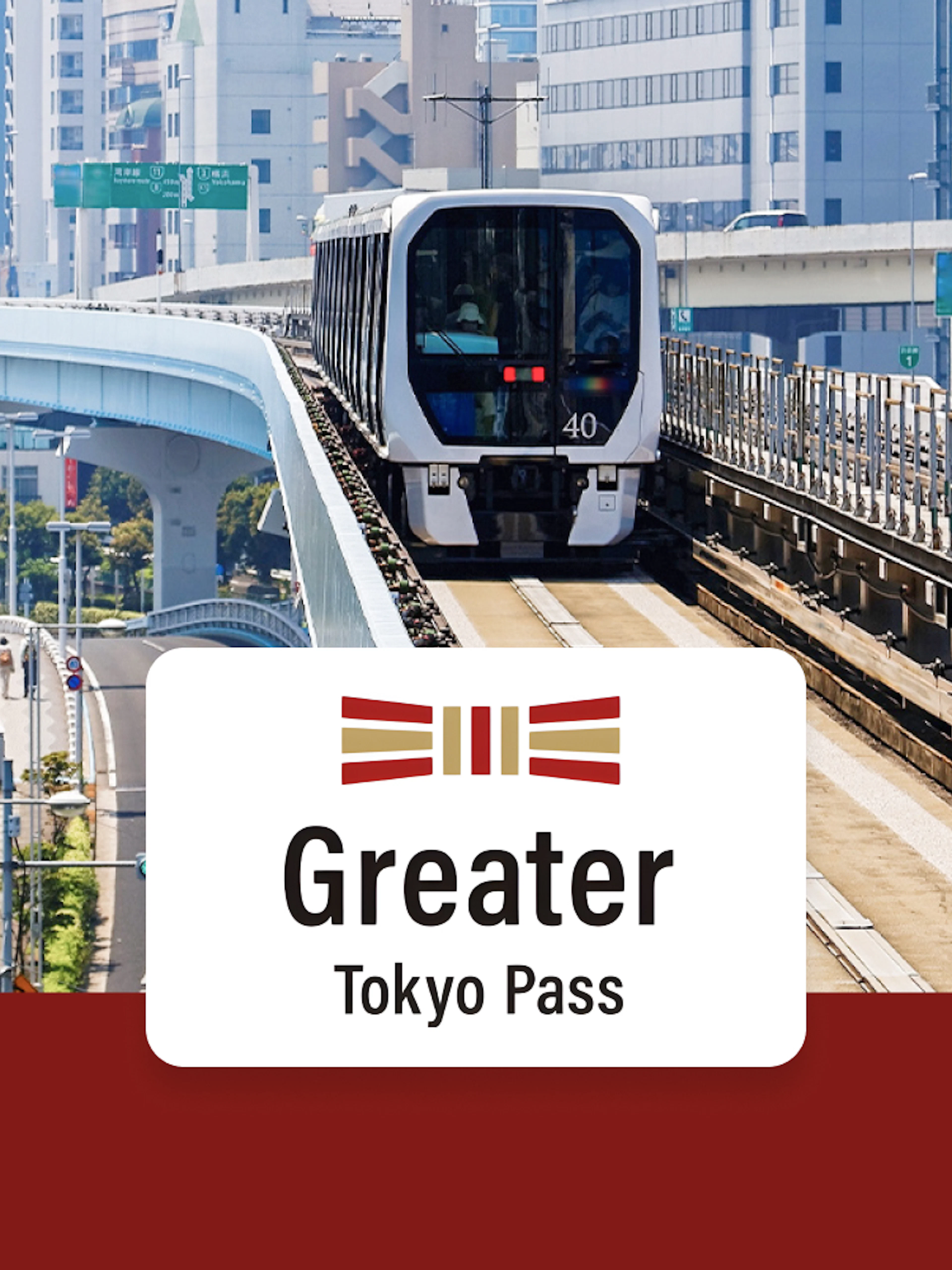 Urban train on elevated tracks in Tokyo cityscape, promoting Greater Tokyo Pass.