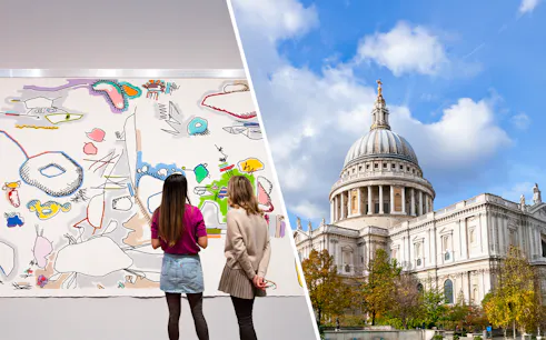 Tate Modern Electric Dreams exhibit with visitors and St Paul's Cathedral exterior.