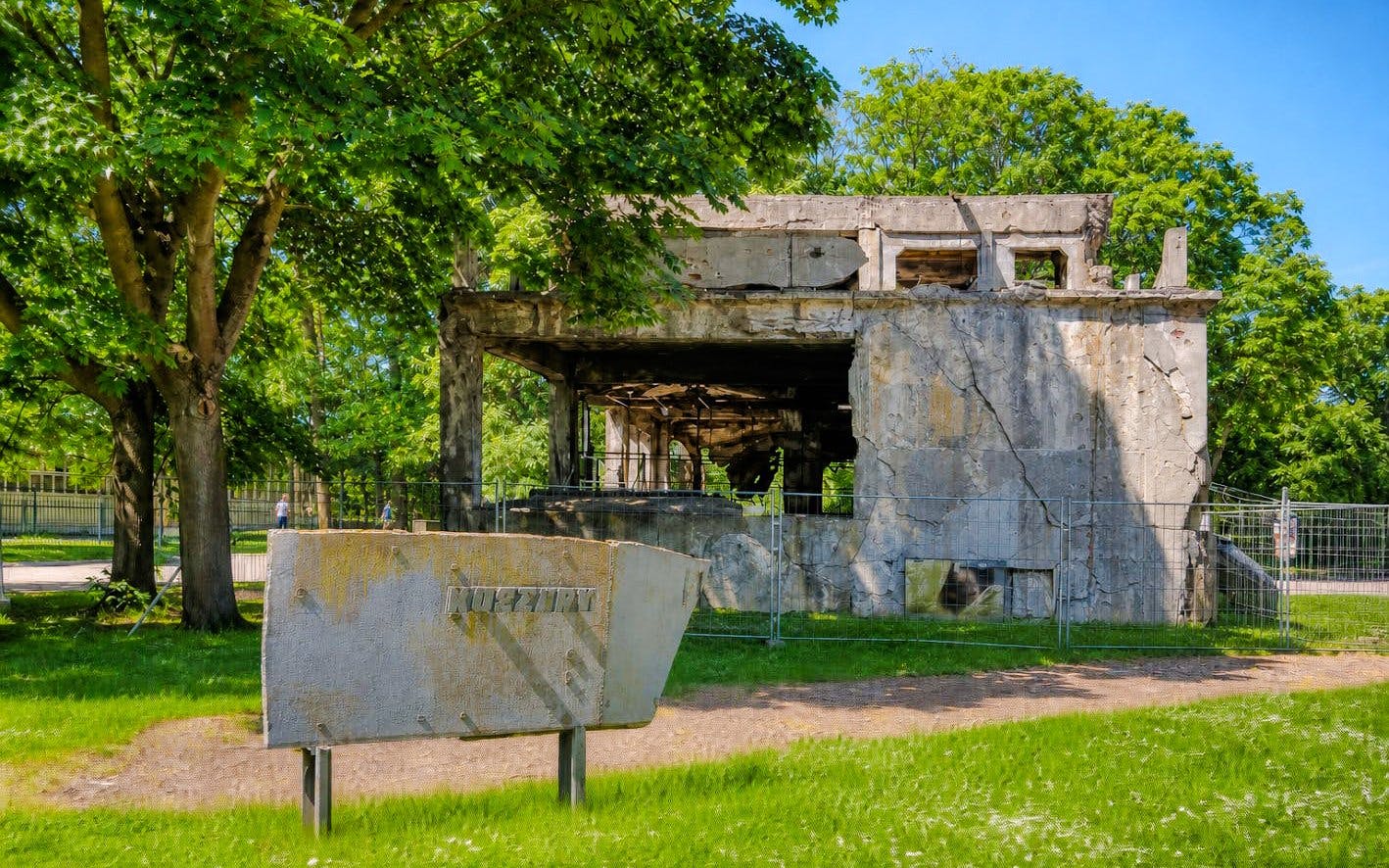 Westerplatte Monument ruins surrounded by trees in Gdansk, Poland.