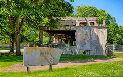 Westerplatte Monument ruins surrounded by trees in Gdansk, Poland.