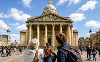 Visitors exploring the Panthéon in Paris during a treasure hunt tour.