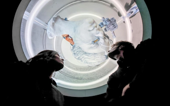 Visitors observing a futuristic art installation at Mercer Labs Museum of Art.
