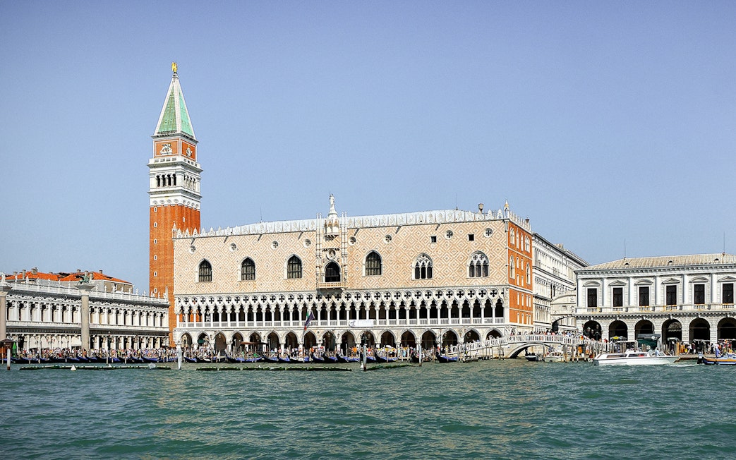 Doge's Palace and St. Mark's Campanile viewed from the Grand Canal in Venice.