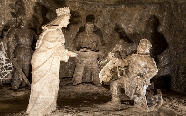 Salt sculptures in Wieliczka Salt Mine, Poland, depicting historical figures.