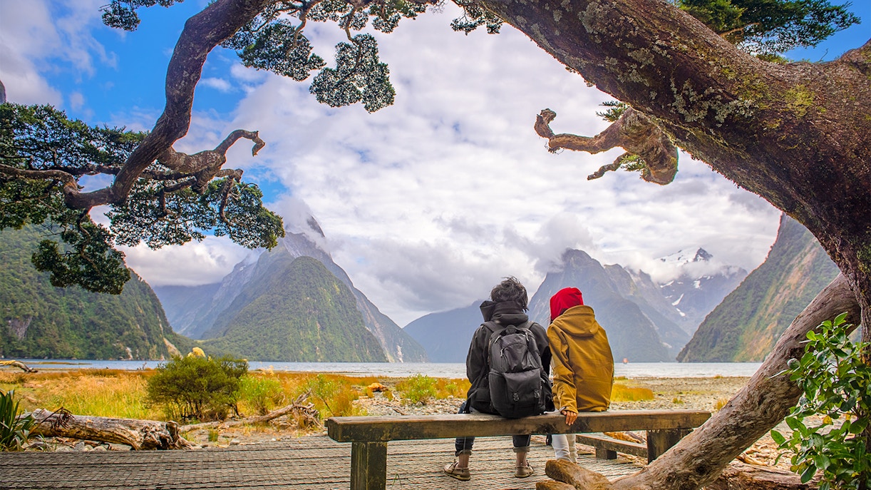 Tourists sitting on a bench, Milford Sound