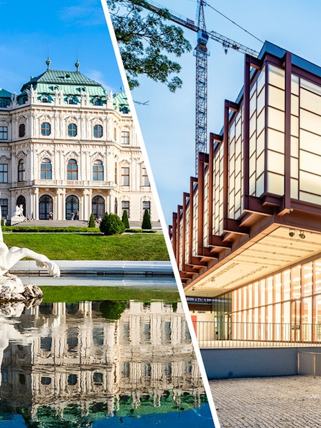 Belvedere Palace facade and modern building in Vienna, Austria.
