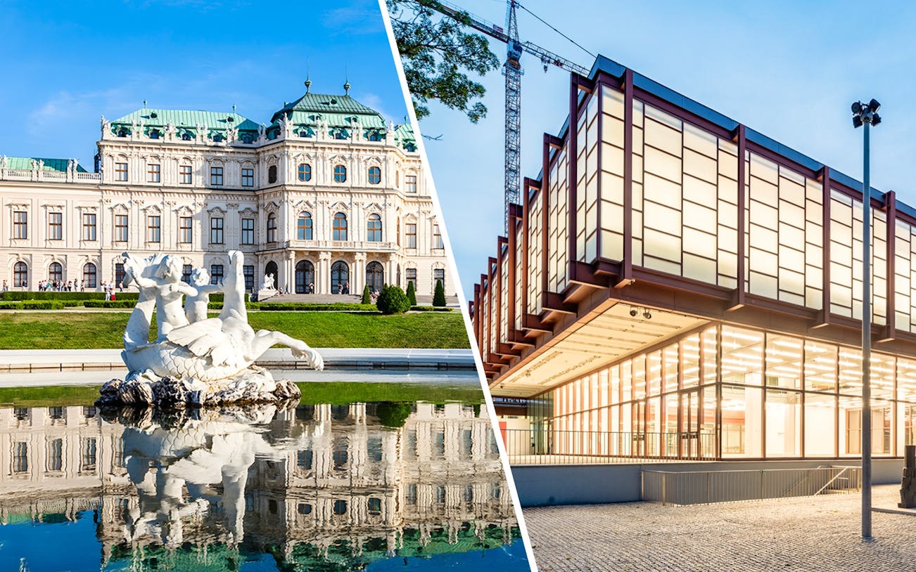 Belvedere Palace facade and modern building in Vienna, Austria.