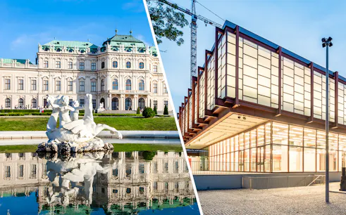 Belvedere Palace facade and modern building in Vienna, Austria.