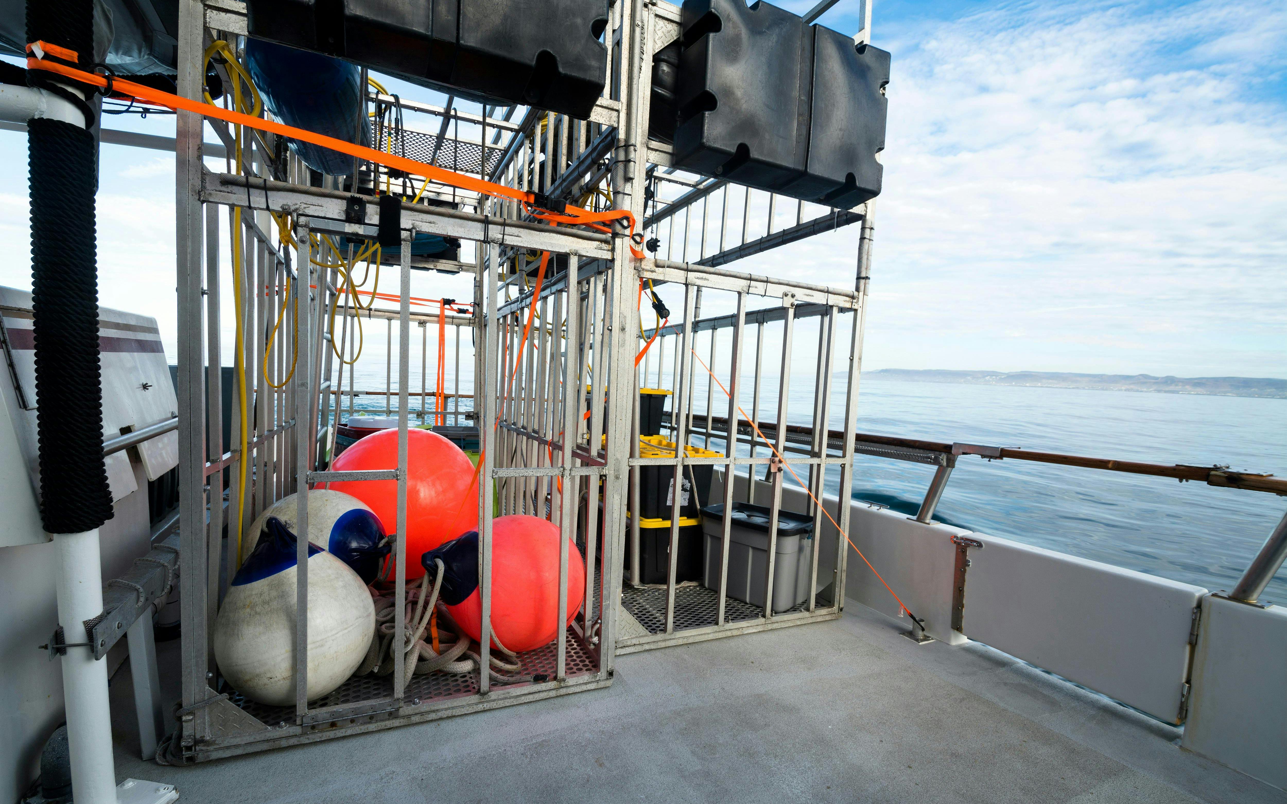 Shark cage on boat deck with ocean view in background.