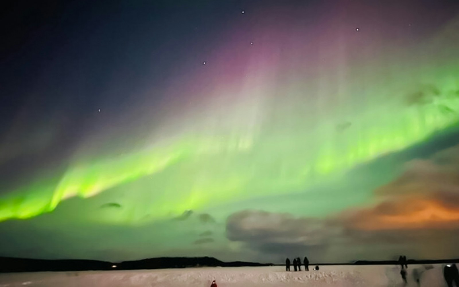 Northern lights illuminating the night sky over snowy Lapland landscape.