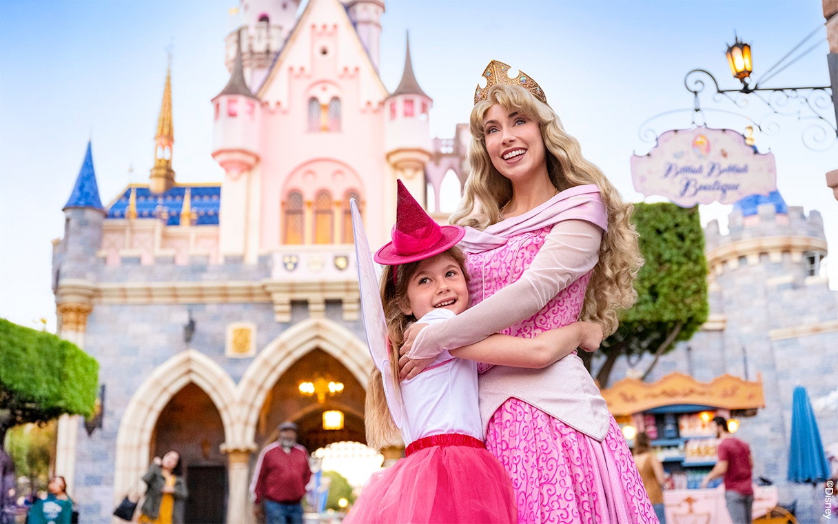 Child meeting a princess in front of Sleeping Beauty Castle, Disneyland Park, California.