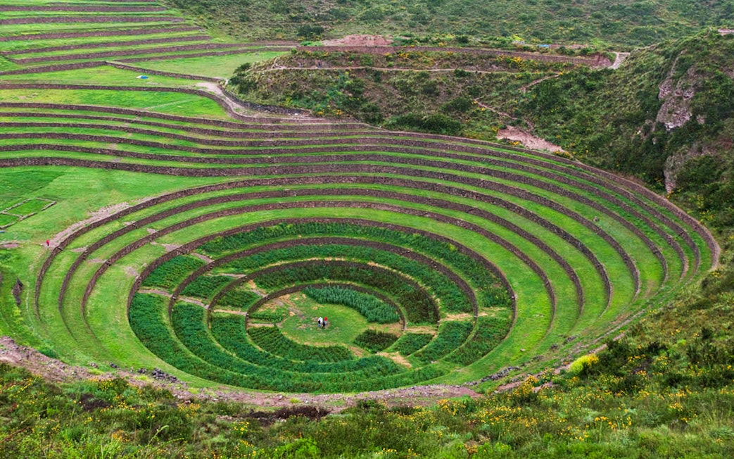 Terraced circular depressions at Moray archaeological site, Sacred Valley, near Cusco, Peru.