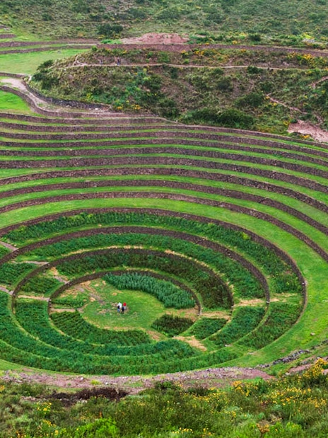 Terraced circular depressions at Moray archaeological site, Sacred Valley, near Cusco, Peru.
