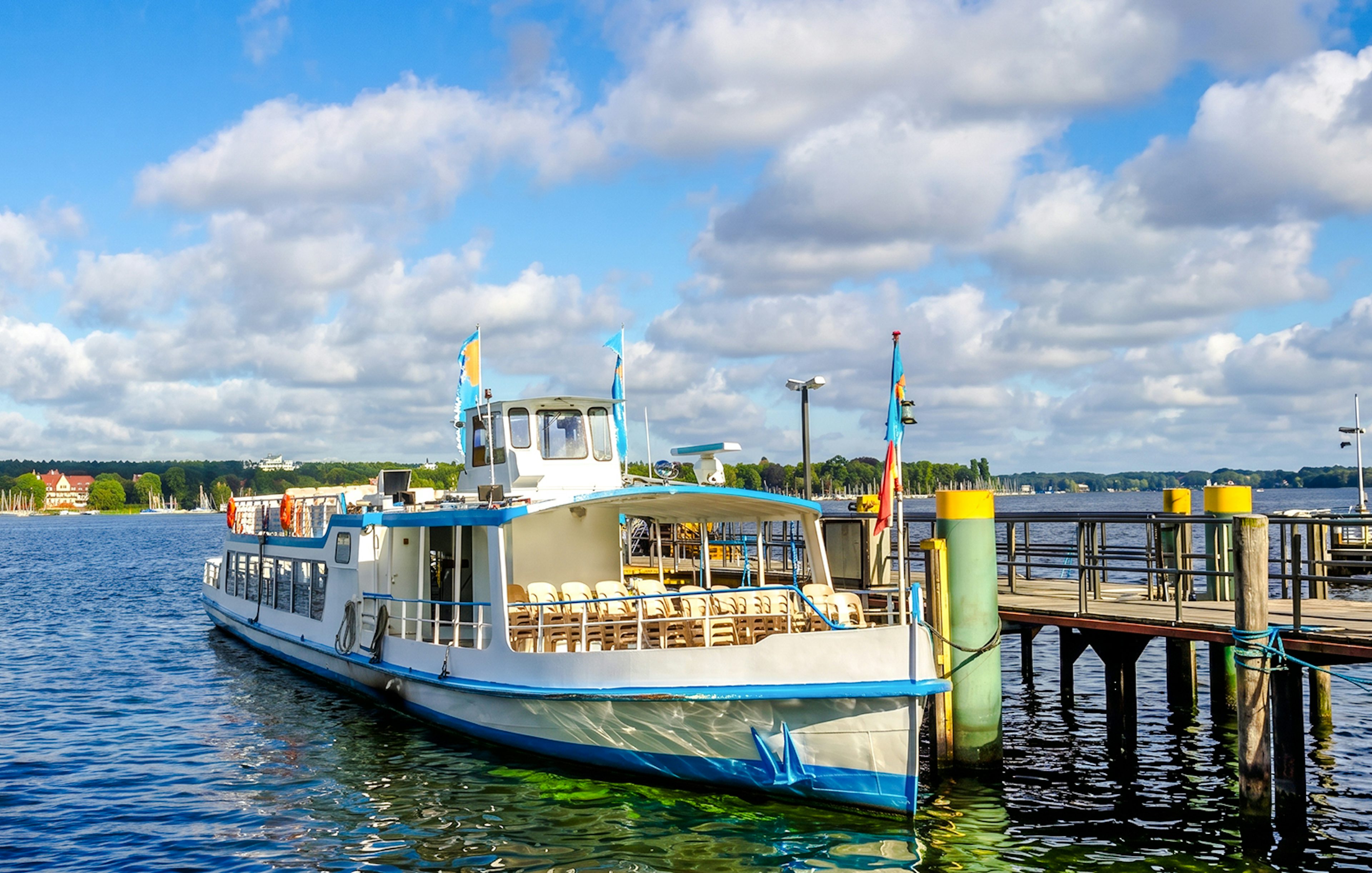 Cruise boat docked at Wannsee for Seven Lakes Tour from Berlin.