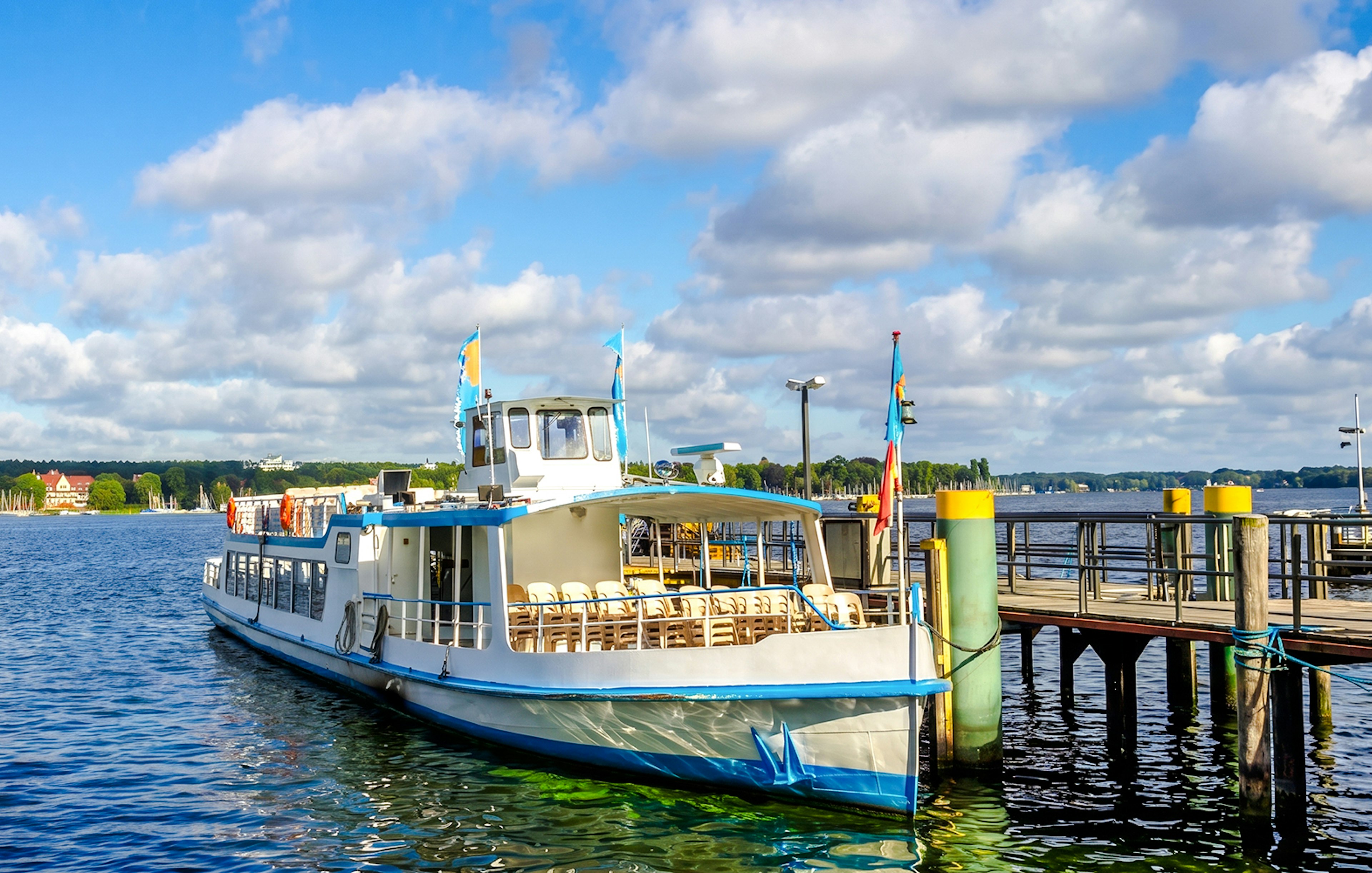 Cruise boat docked at Wannsee for Seven Lakes Tour from Berlin.