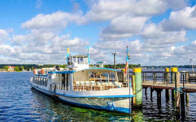 Cruise boat docked at Wannsee for Seven Lakes Tour from Berlin.