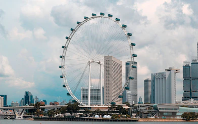 Singapore Flyer with city skyline in the background, viewed from Marina Bay.